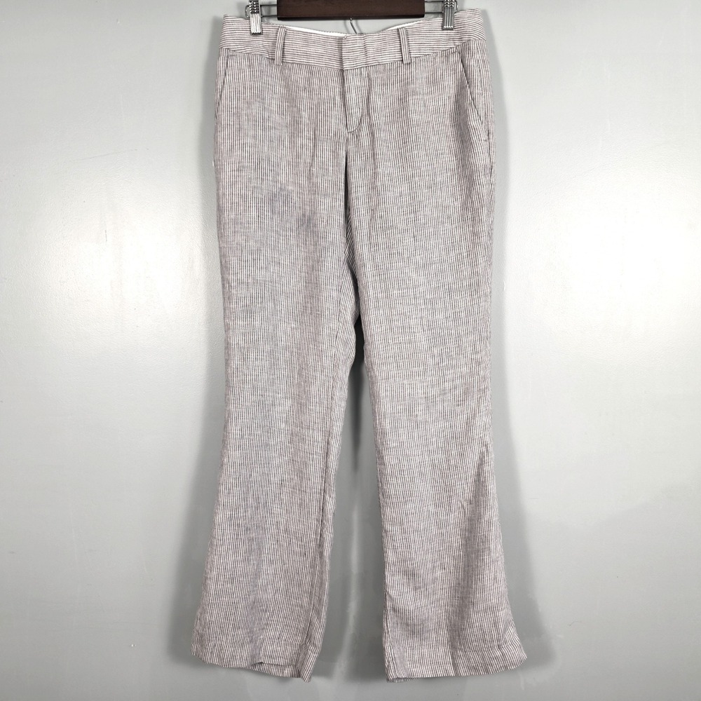 Banana Republic Martin Fit Linen Pinstripe Pants Women 8 Grey White Straight Leg